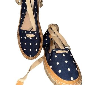 ANTONIO MELANI NWOT Navy Polka Dot Espadrilles with Tan Accents SIZE 10M
